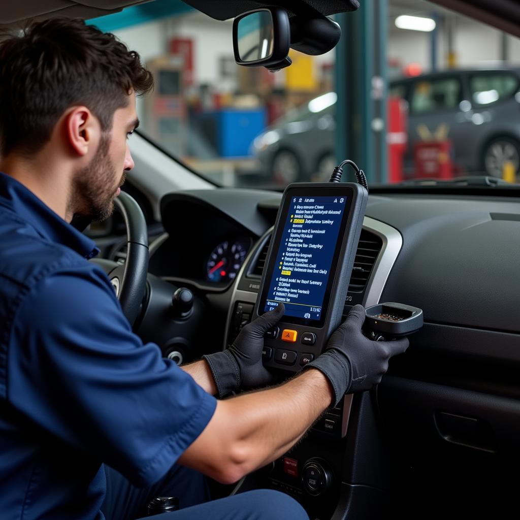 Mechanic using a car diagnostic computer to troubleshoot a vehicle