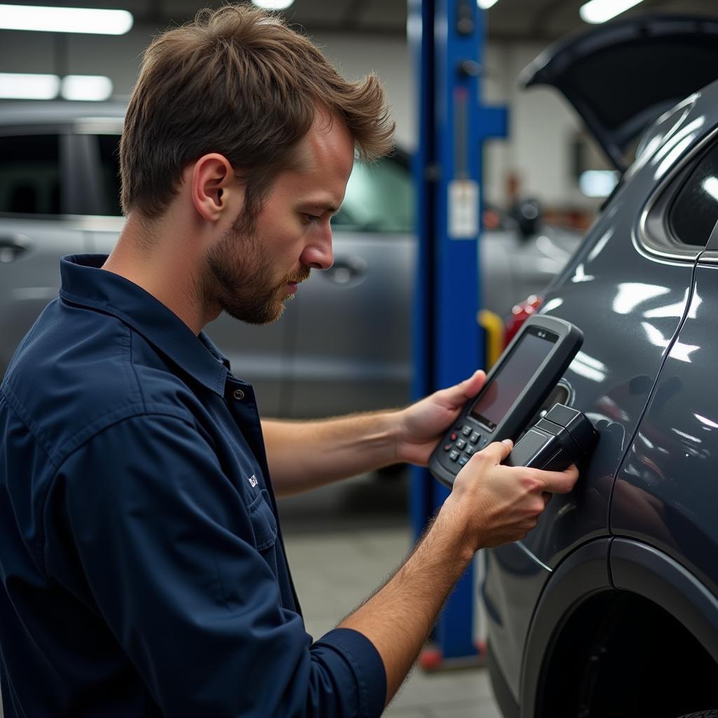 Mechanic inspecting a car with a diagnostic tool