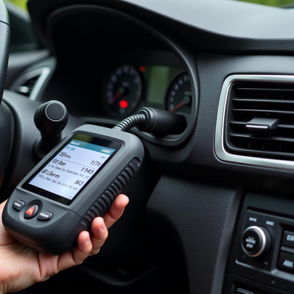 Close-up of a car diagnostic tool displaying engine data