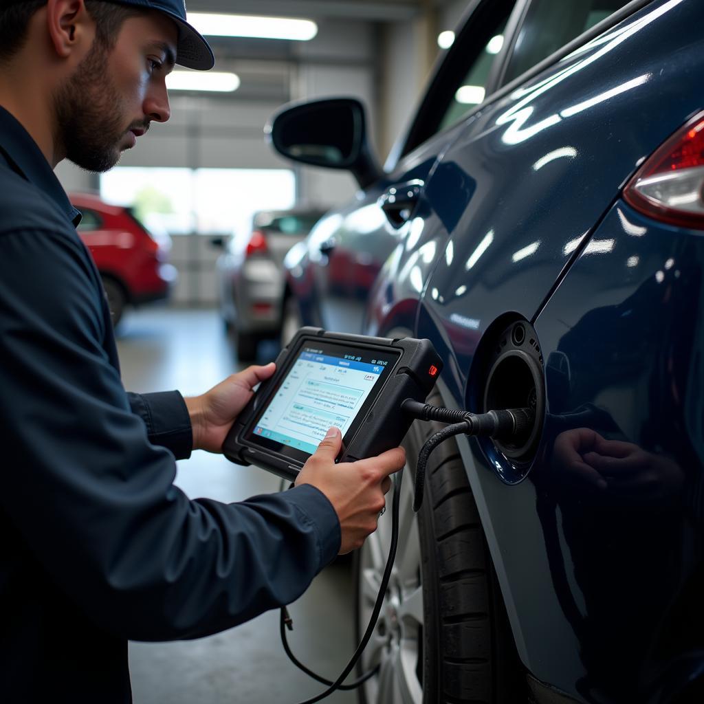 Mechanic using diagnostic equipment