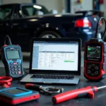 Car Diagnostic Equipment and Reports Displayed on a Workbench