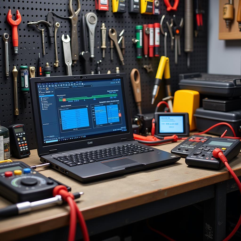 A variety of car diagnostic equipment in an auto repair shop