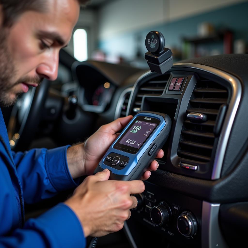 Mechanic using car diagnostic equipment in a garage.