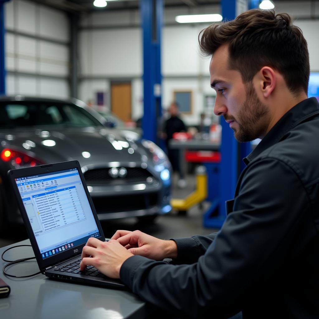 A car diagnostic key programmer working on a vehicle