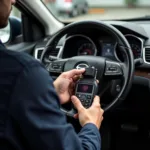 A technician using a diagnostic tool to program a car key