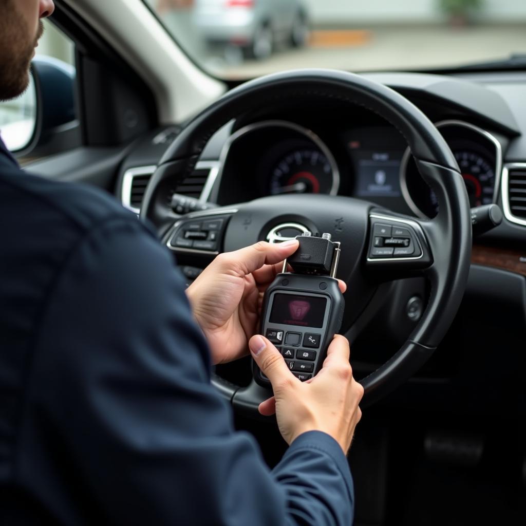 A technician using a diagnostic tool to program a car key