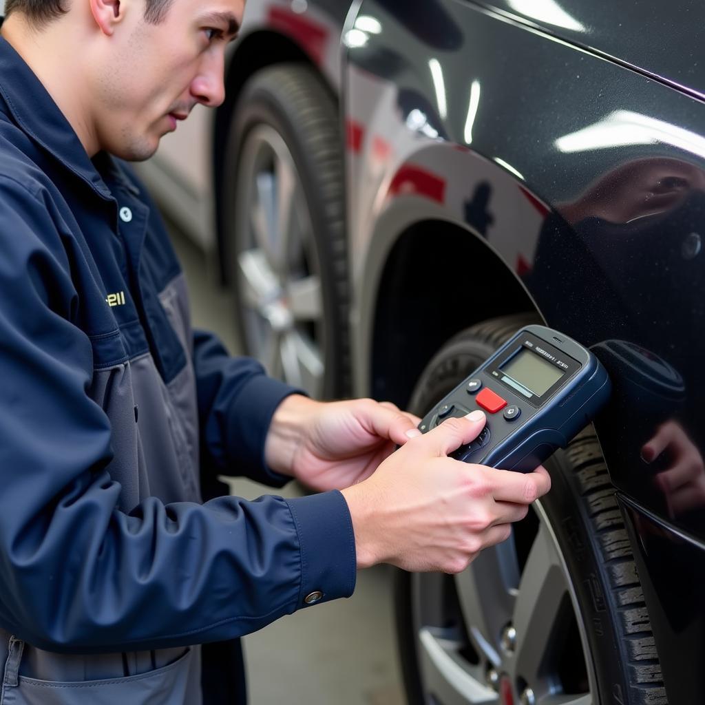 Mechanic using a car diagnostic kit to troubleshoot a vehicle