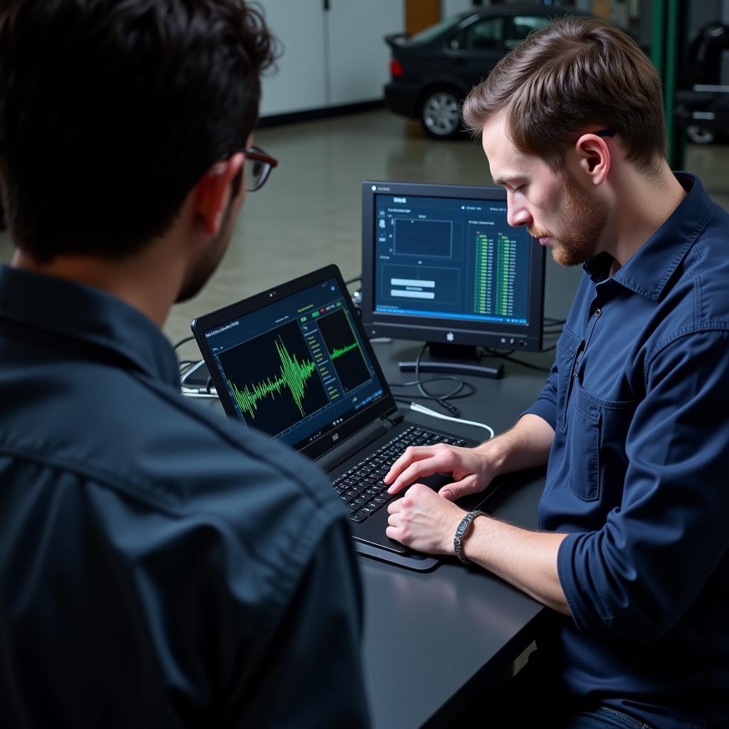 Mechanic Viewing Diagnostic Data on Laptop