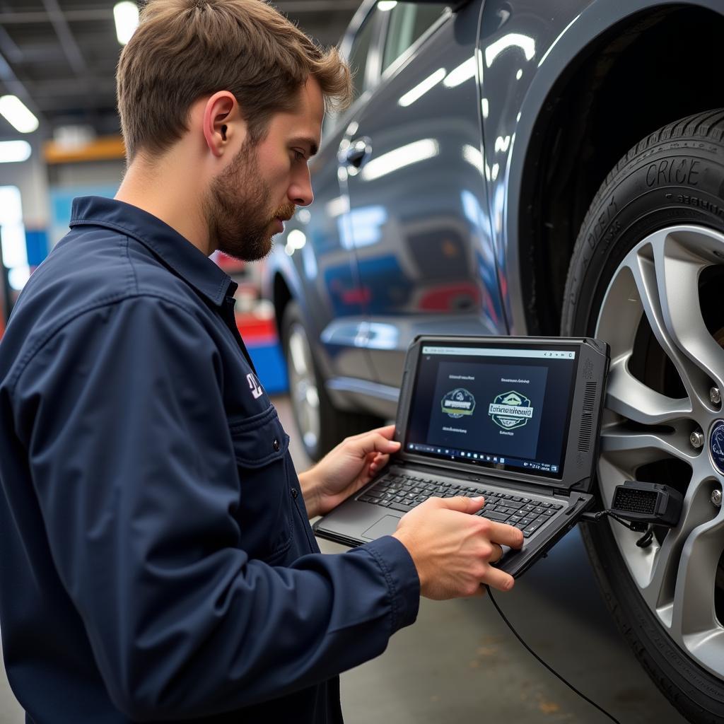 Mechanic using a car diagnostic laptop