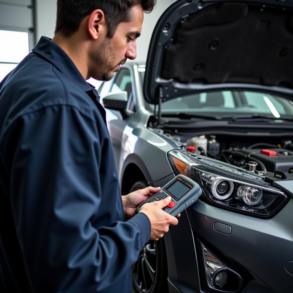 Mechanic Using a Car Diagnostic Machine