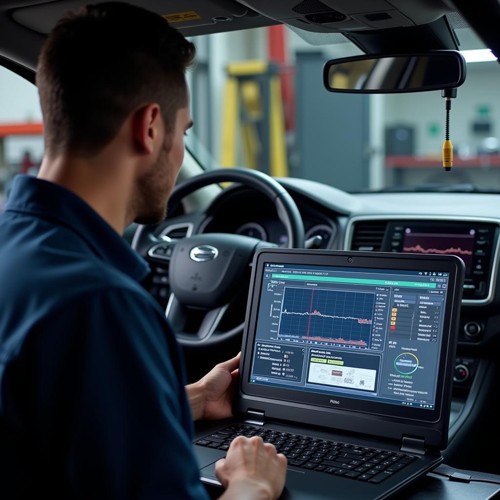 Mechanic analyzing data from a car diagnostic tool