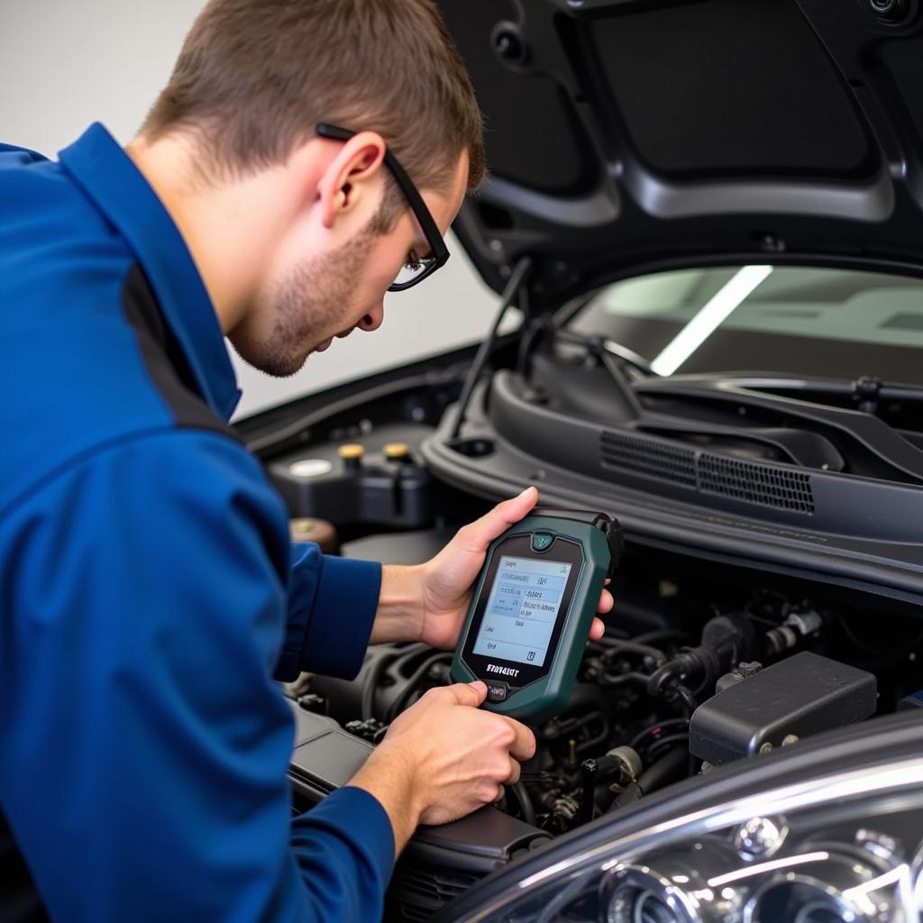 Mechanic connecting OBD-II scanner to car