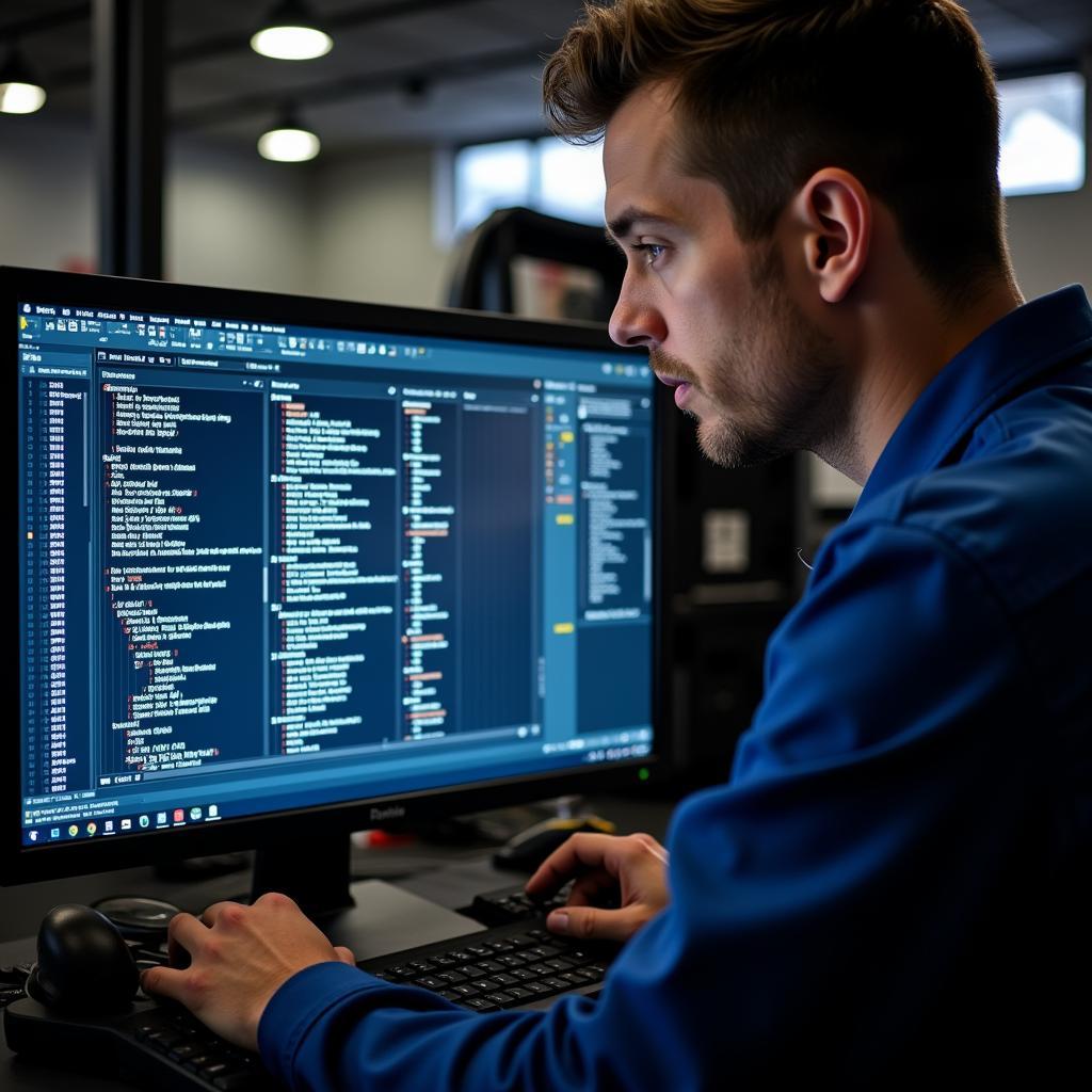 Mechanic reviewing a car diagnostic report on a computer screen