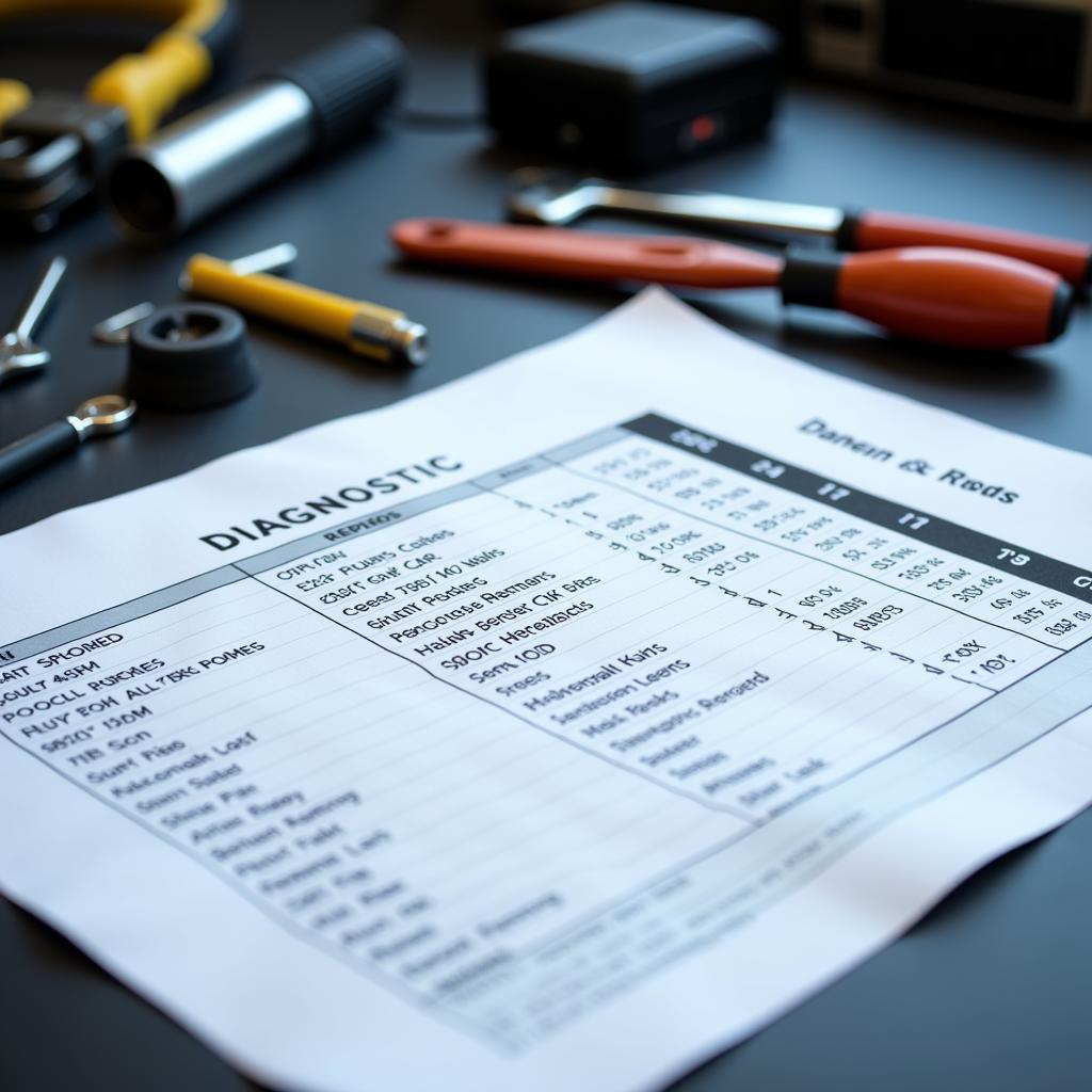 A printed car diagnostic report displaying a list of fault codes