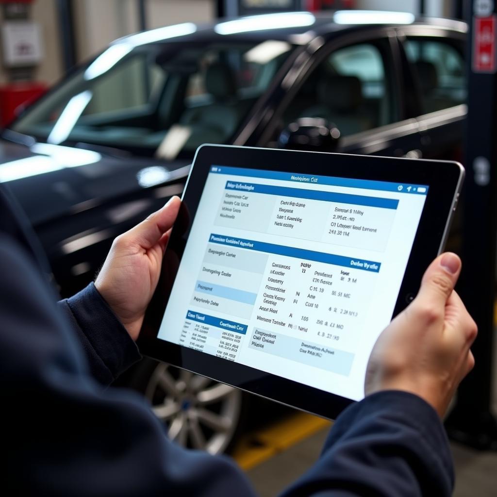 Mechanic reviewing a car diagnostic report on a tablet in Newton Abbot.