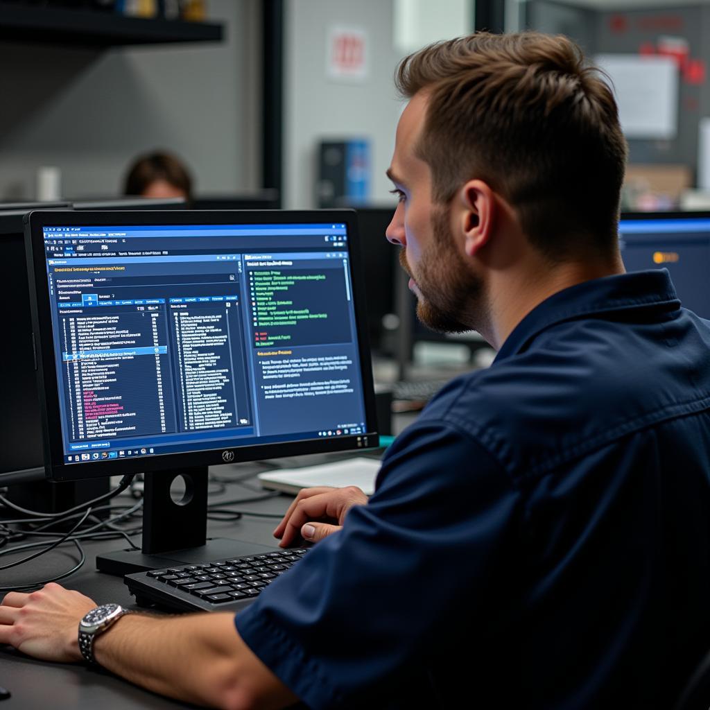 Mechanic Reviewing a Car Diagnostic Report on a Computer