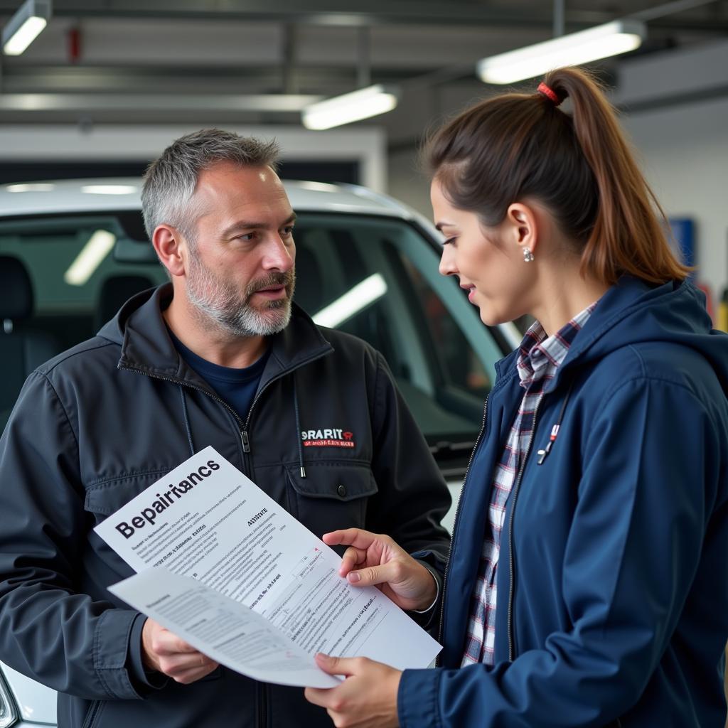 Technician Reviewing Car Diagnostic Report with Customer