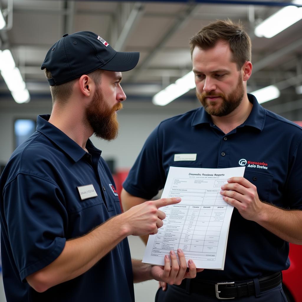 Customer and mechanic discussing a car diagnostic report