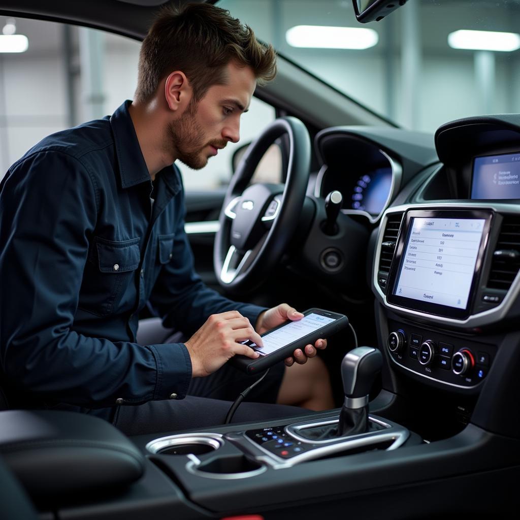 Mechanic performing a car diagnostic scan