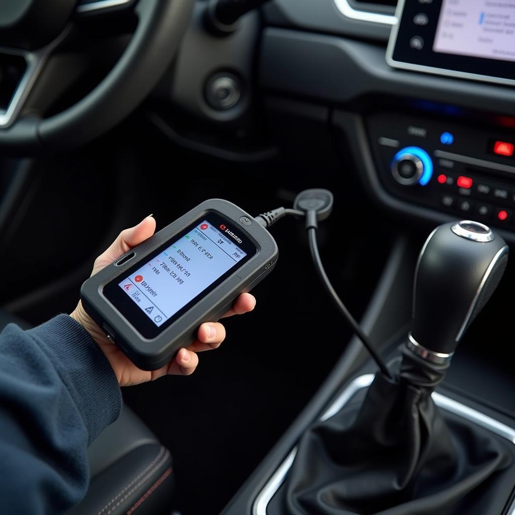 Car diagnostic scanner connected to a car's OBD-II port