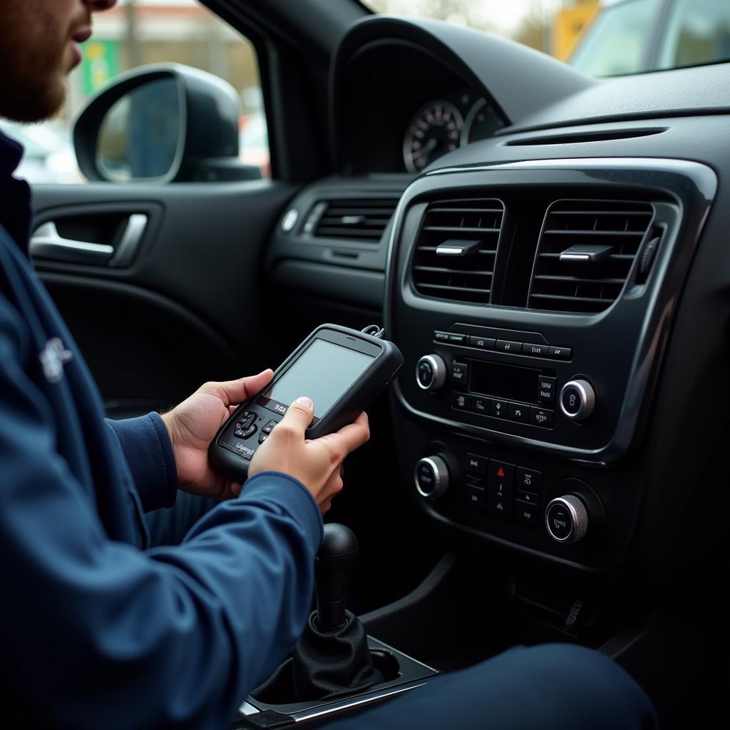 Car diagnostic scanner connected to a car's OBD-II port