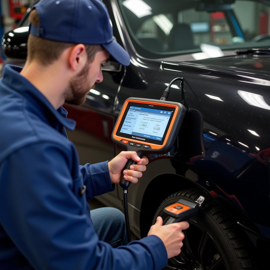 Mechanic using a car diagnostic scanner