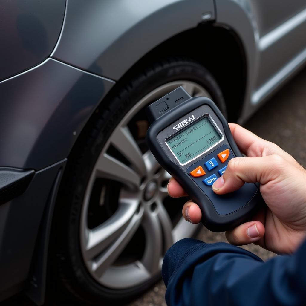 Mechanic using a car diagnostic scanner on a vehicle