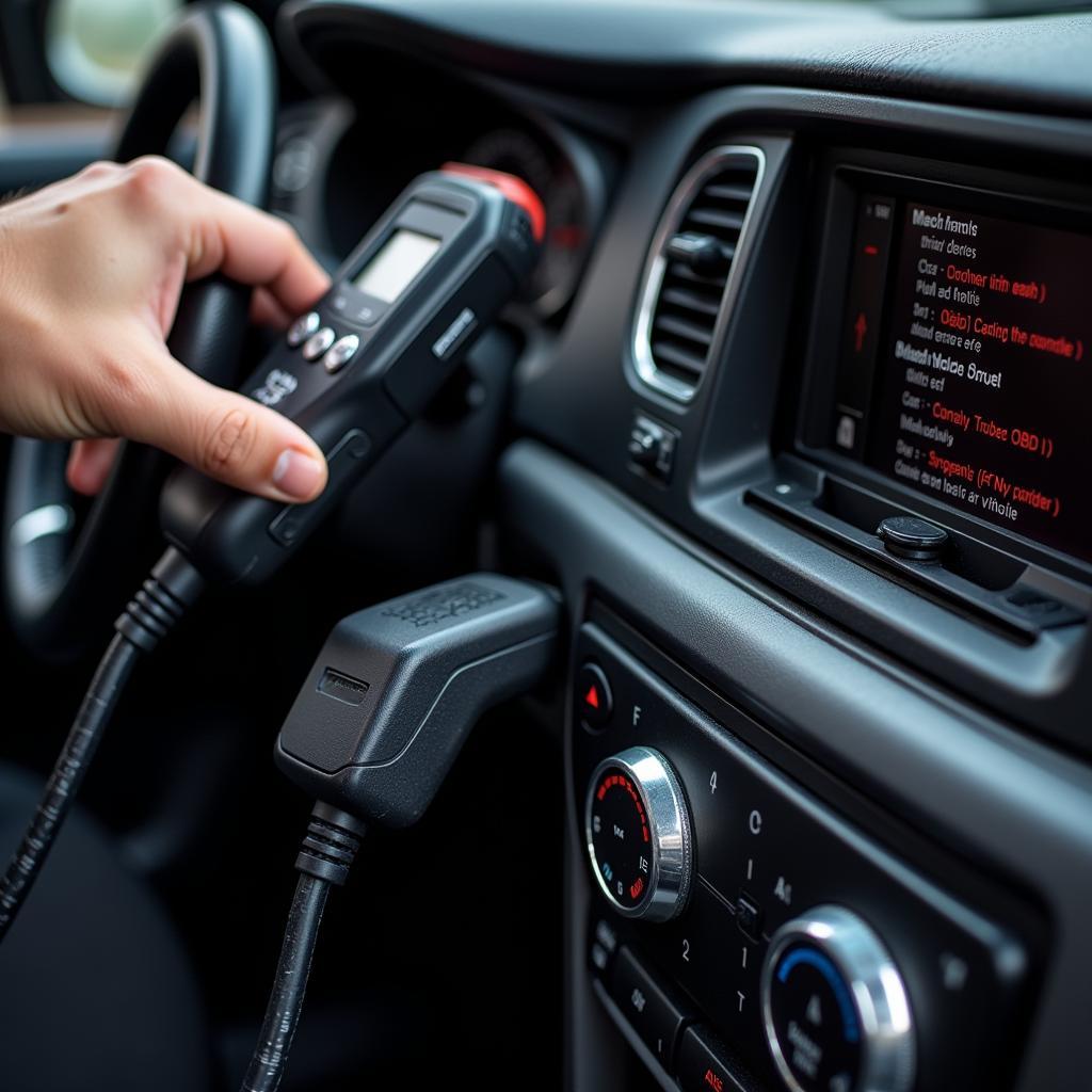 Mechanic using a car diagnostic scanner