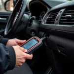 Mechanic using a car diagnostic scanner