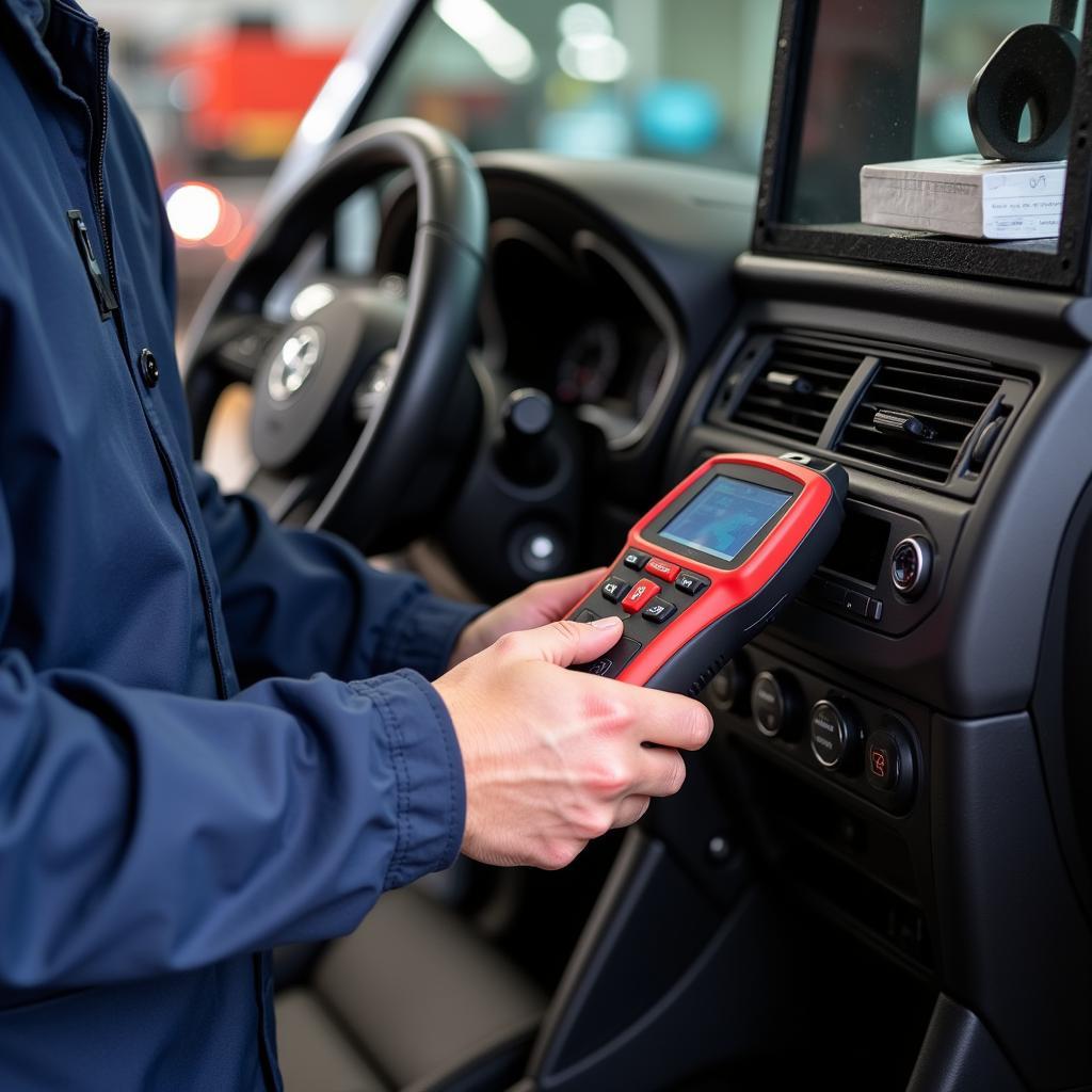 Mechanic using a car diagnostic scanner on a vehicle