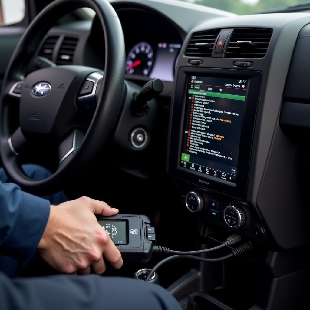 Mechanic using a car diagnostic scanner