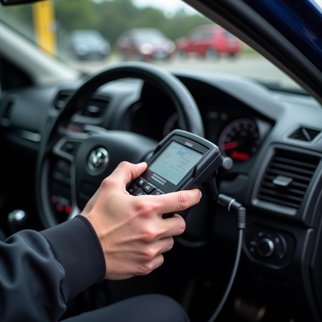 Mechanic using a diagnostic scanner on a car in Cowdenbeath