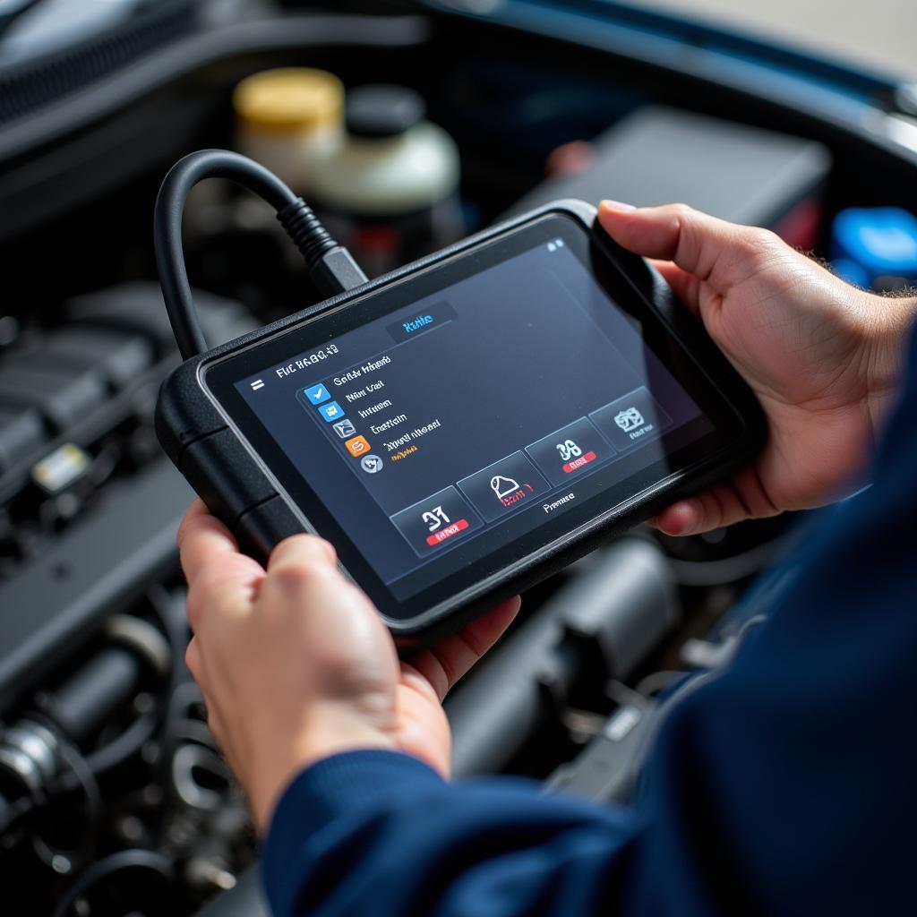 Mechanic using a car diagnostic scanner in a Newcastle garage