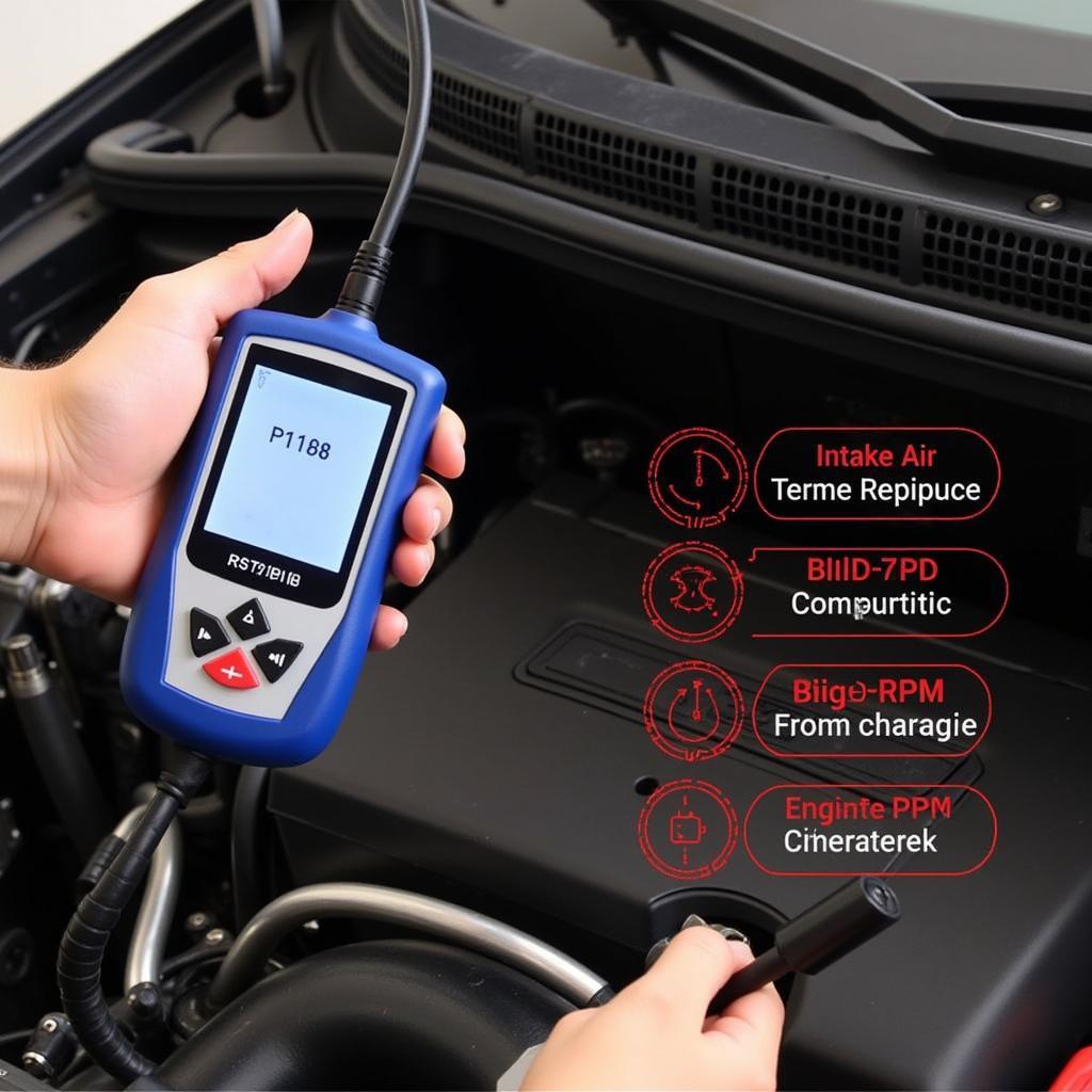 A mechanic using a car diagnostic scanner to identify the P11B8 error code