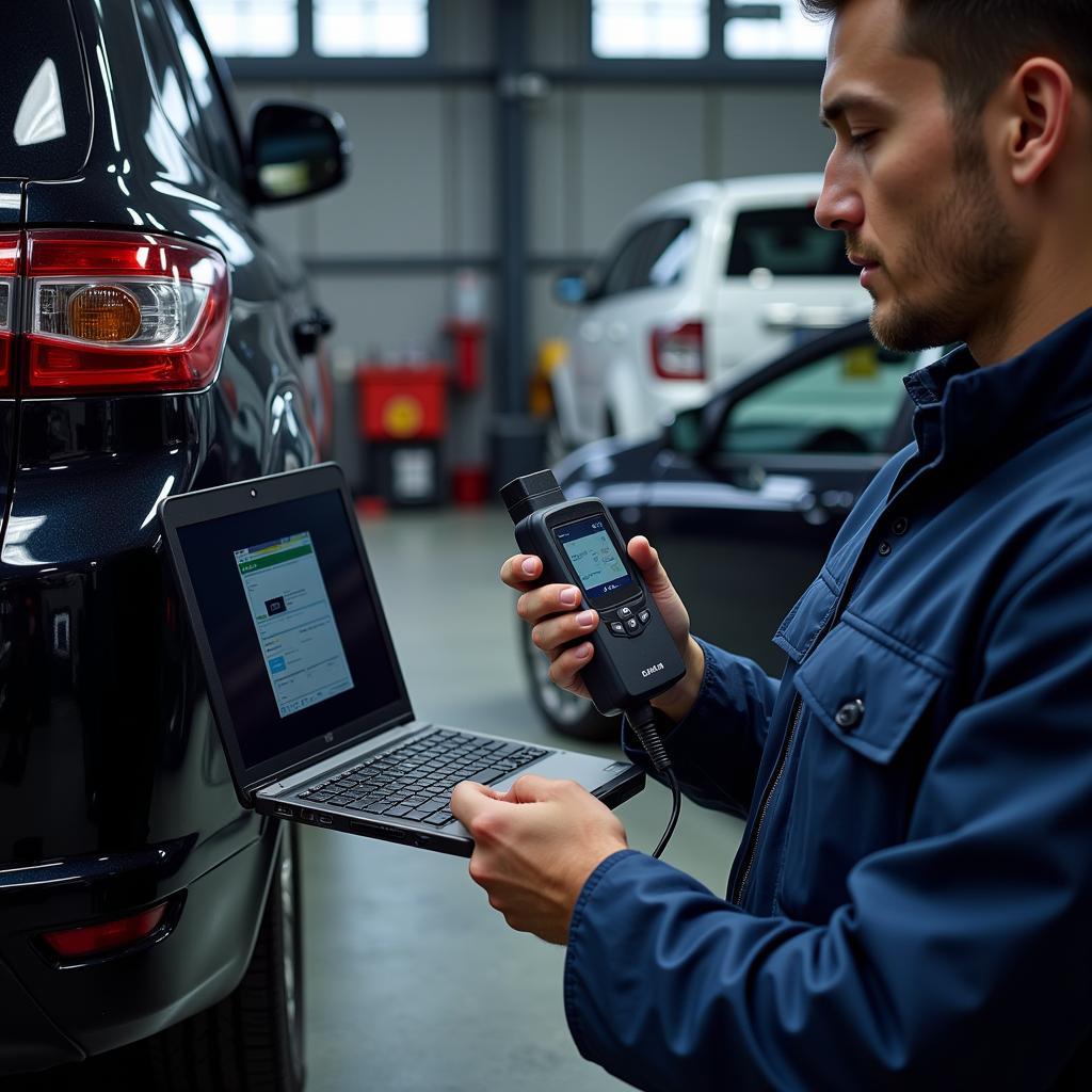 Technician Performing a Car Diagnostic Session in a Garage