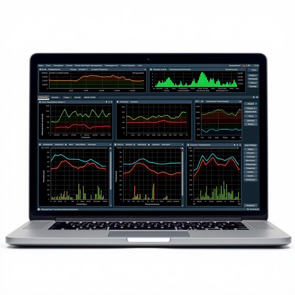 Laptop displaying car diagnostic software with real-time engine data graphs and parameters.