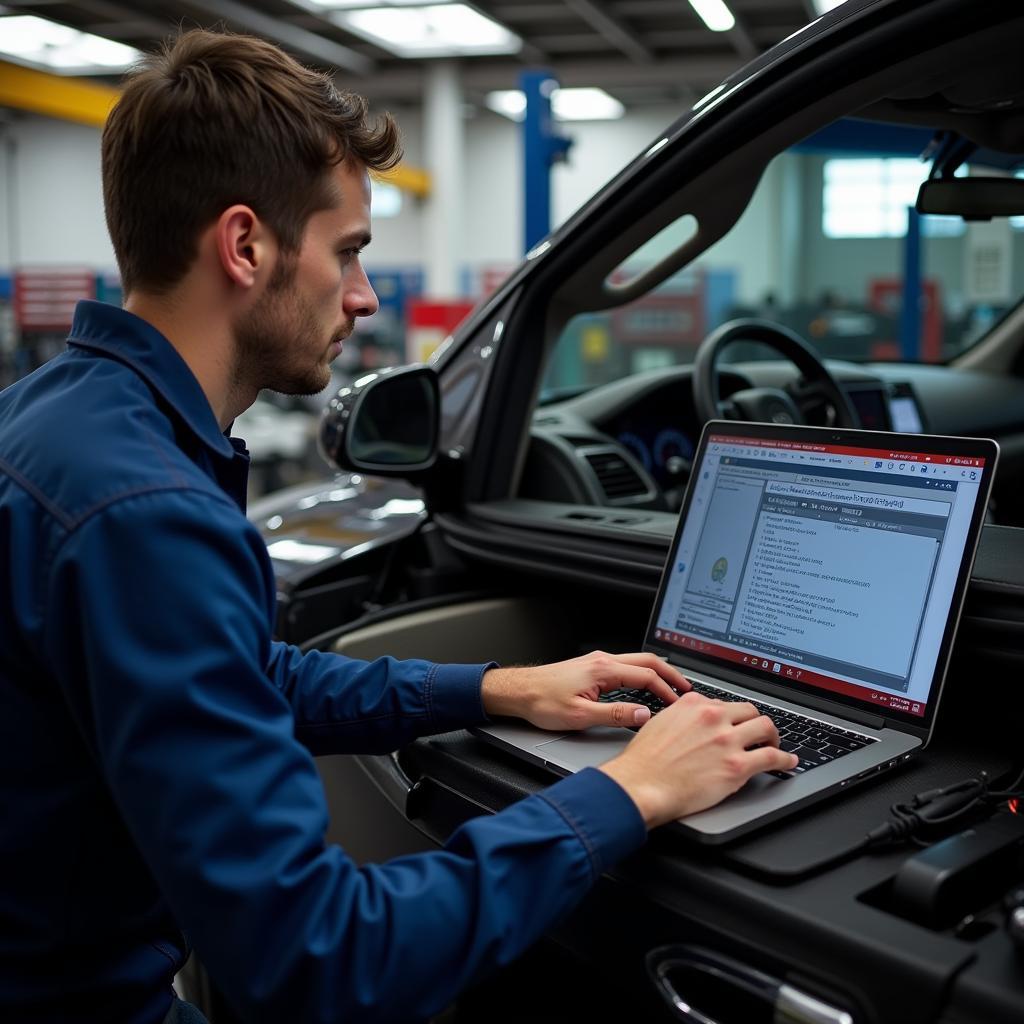 Mechanic using car diagnostic software