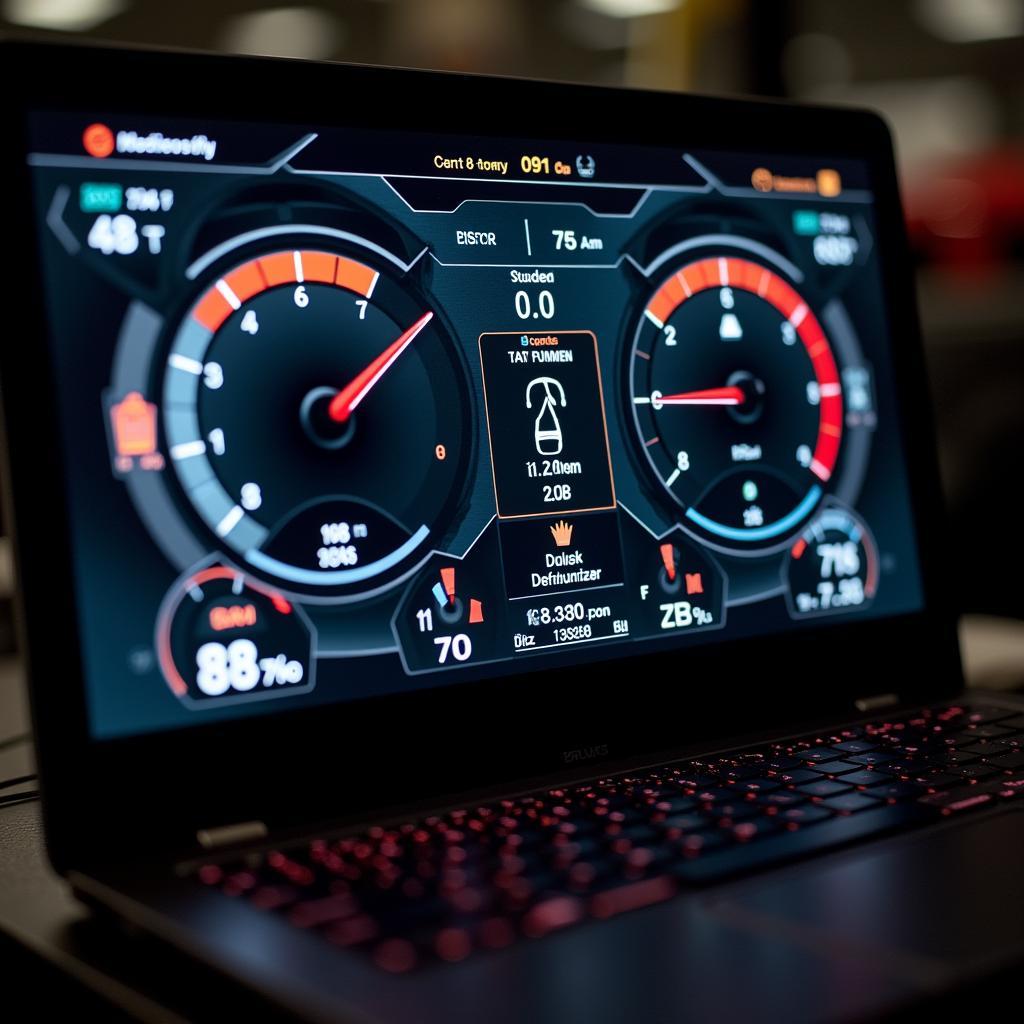 Laptop screen displaying car diagnostic software interface with various data points