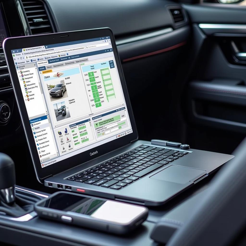 Car diagnostic software displayed on a laptop connected to a car's OBD-II port