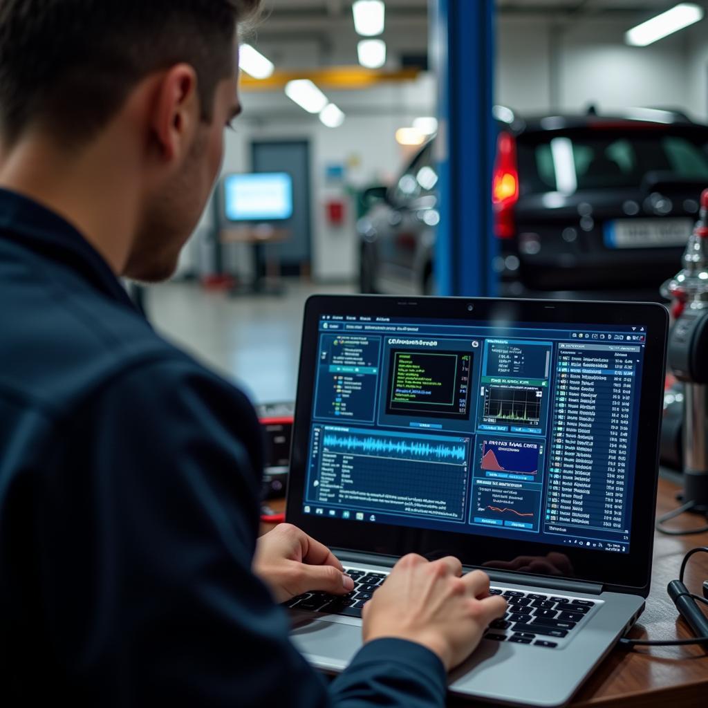 Mechanic using car diagnostic software on a laptop