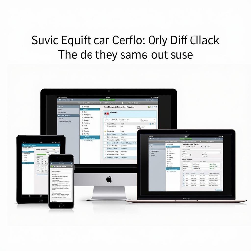 Car diagnostic software displayed on a laptop, tablet, and smartphone.