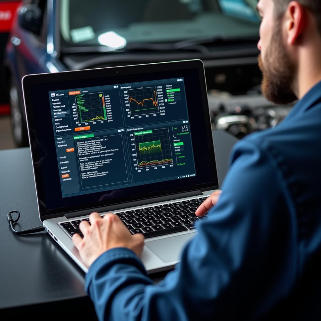 Mechanic Analyzing Car Diagnostic Software Results