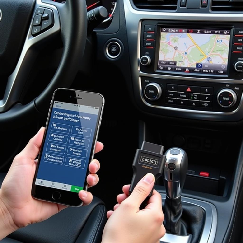 Smartphone connected to car using OBD-II adapter for diagnostics