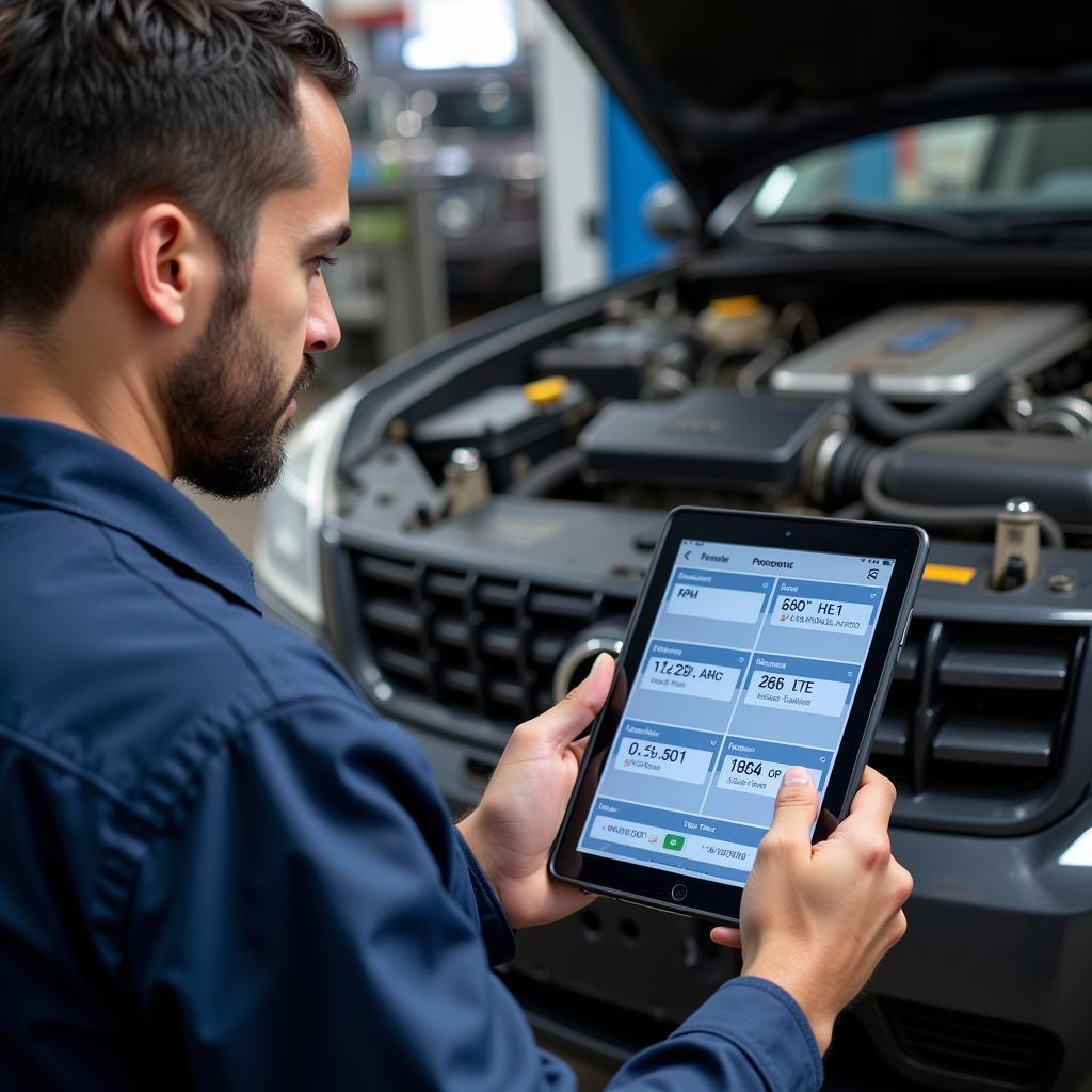 Mechanic using a car diagnostic software tablet