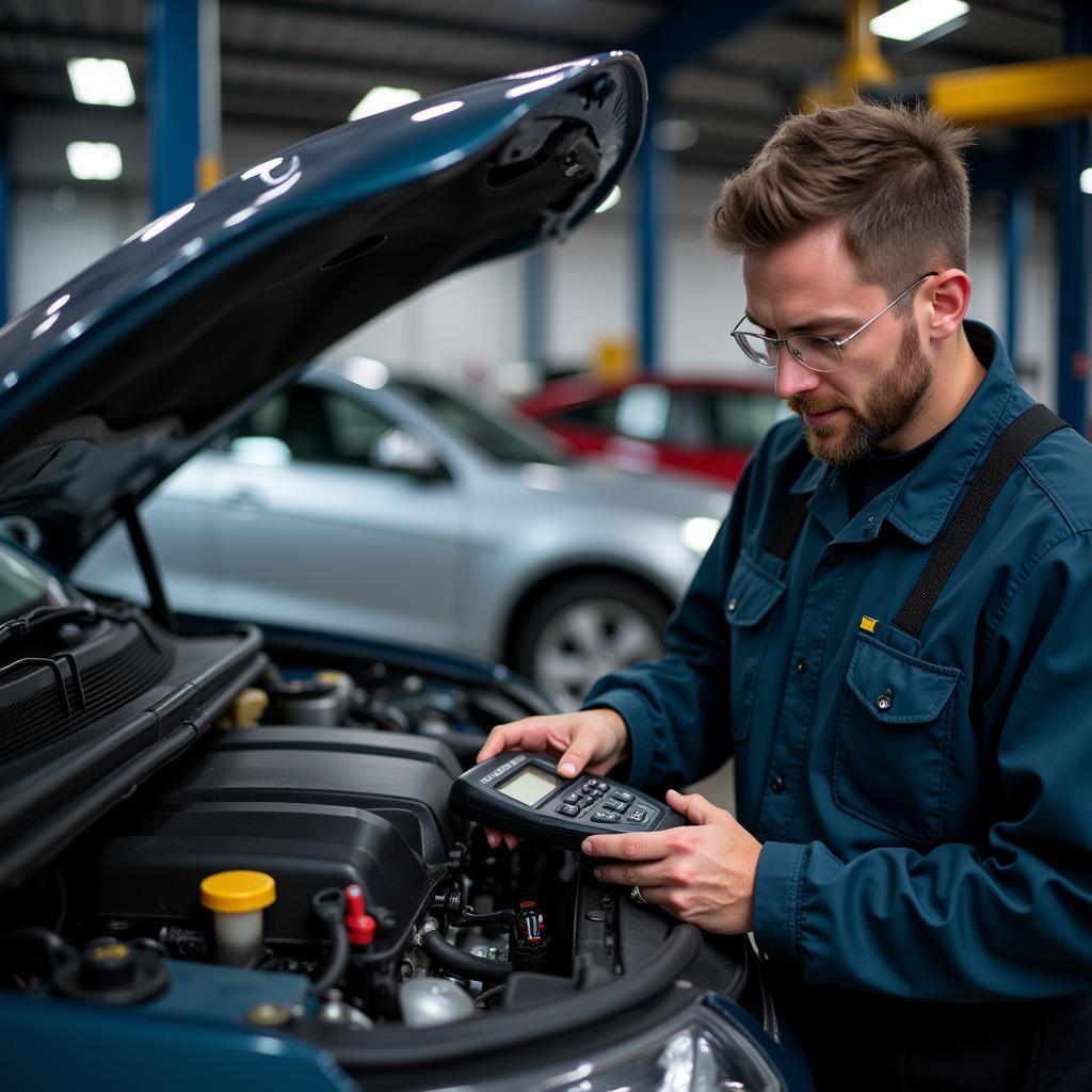 A certified car diagnostic specialist working on a vehicle's engine