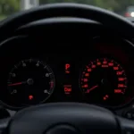 Car dashboard with multiple warning lights illuminated