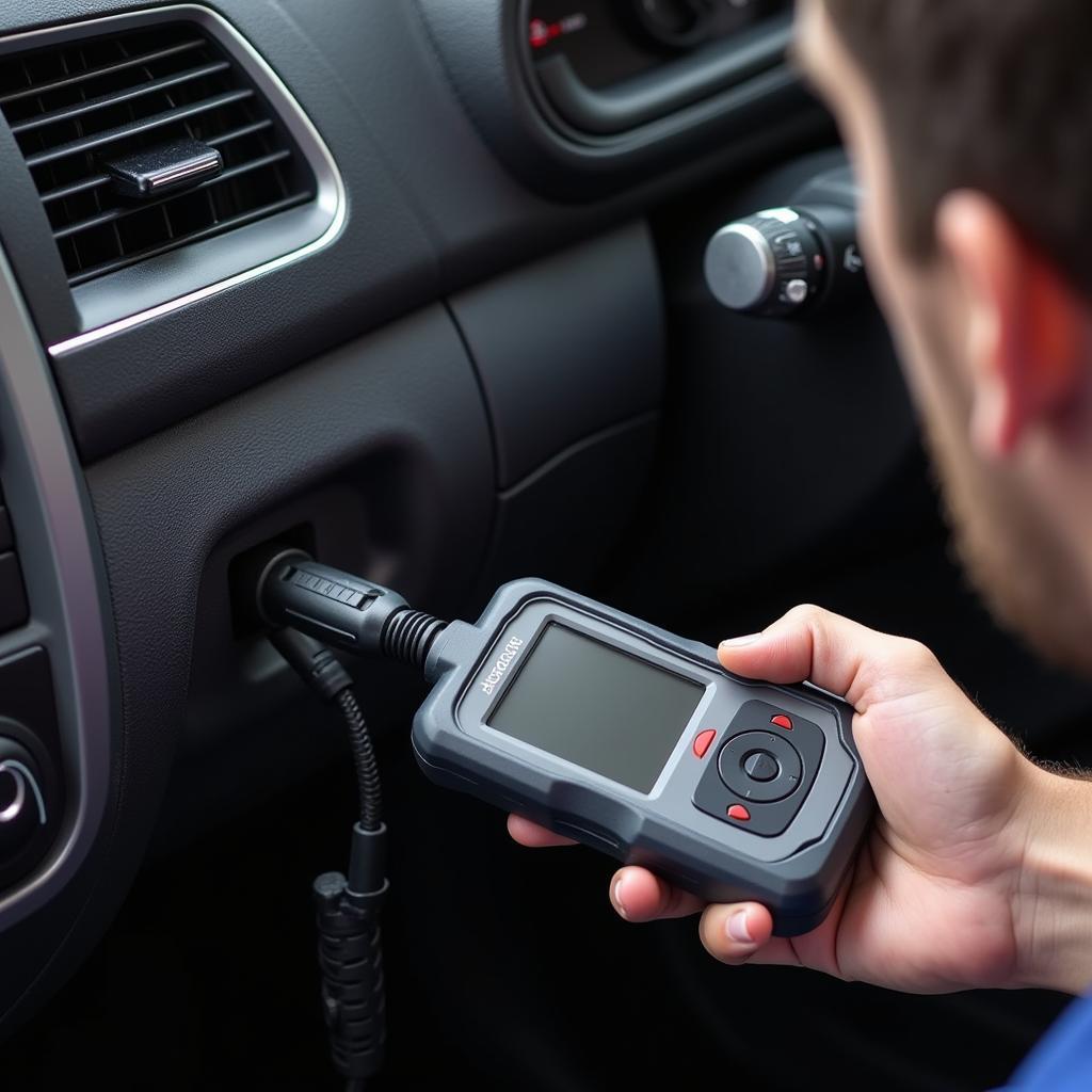 Mechanic using a car diagnostic system