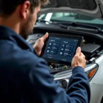 Mechanic using a car diagnostic tablet