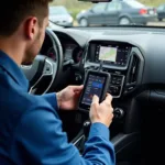 Car diagnostic technician using a scan tool on a vehicle