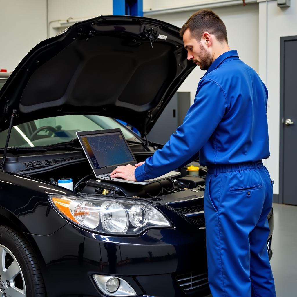 Car Diagnostic Technician Using Laptop